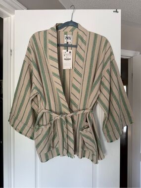Zara Beige with Green Stripe Kimono-Style Jacket